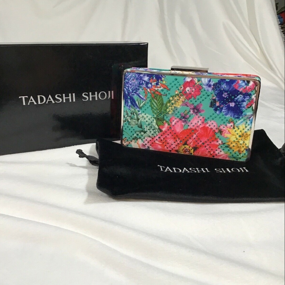 NEW‎ $188 Tadashi Shoji Floral Embellished April Clutch w/ Silver Chain in Green